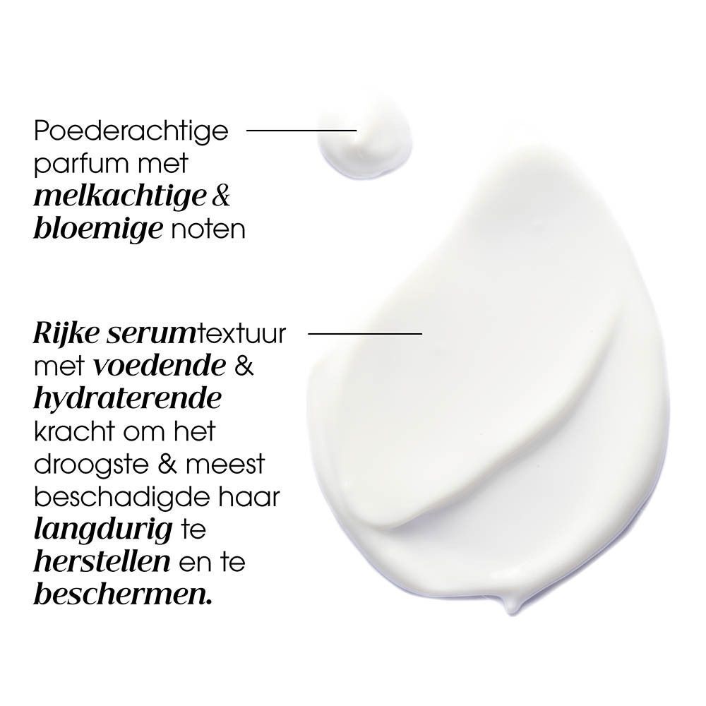 Witte crème textuur met poederachtige geur en melkachtige, bloemige noten. Rijk serum voor droog, beschadigd haar.