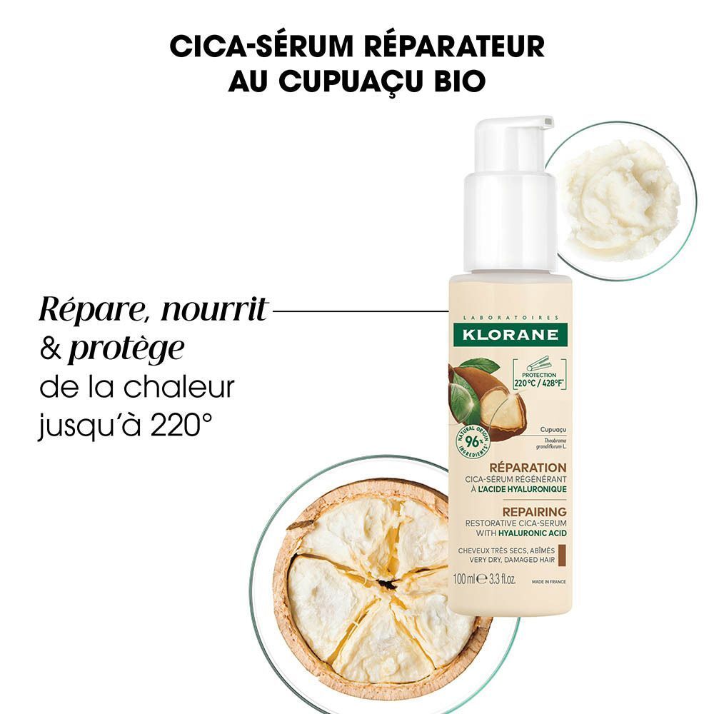 Sérum Cica Klorane au Cupuaçu Bio : Réparation, nutrition, protection chaleur jusqu'à 220°C.