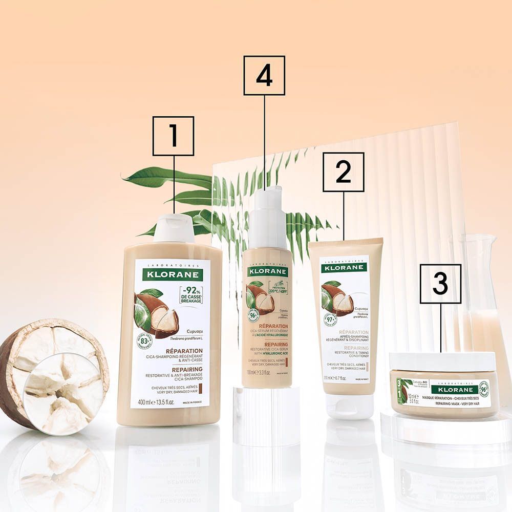 Klorane Reparatie haarverzorgingsproducten: shampoo, conditioner, leave-in behandeling en masker met Cupuaçu.