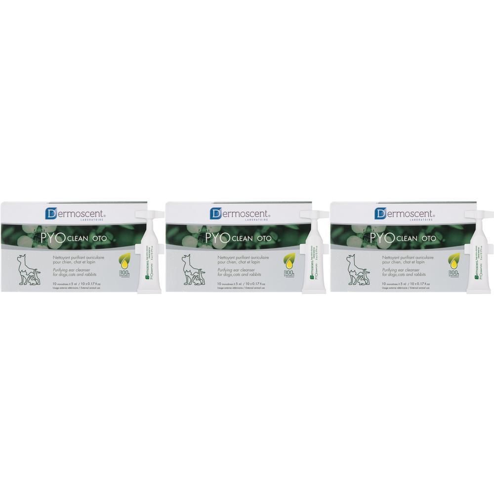Drie dozen Dermoscent Pyo Clean Oto. Elke doos bevat meerdere individuele doses. Op elke doos staat een hond afgebeeld.
