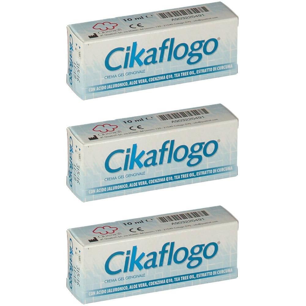Drie dozen Cikaflogo. Opschrift: 10 ml, CE-markering. Blauwe tekst op witte achtergrond. Bevat hyaluronzuur, aloë vera, co-enzym Q10.