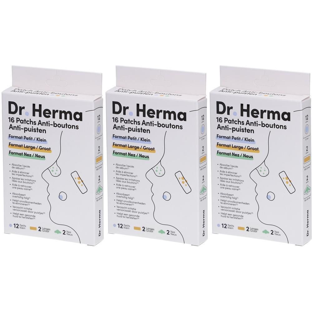 Trois boîtes de "Dr. Herma 16 Patchs Anti-boutons". Emballage blanc avec informations produit et illustration.