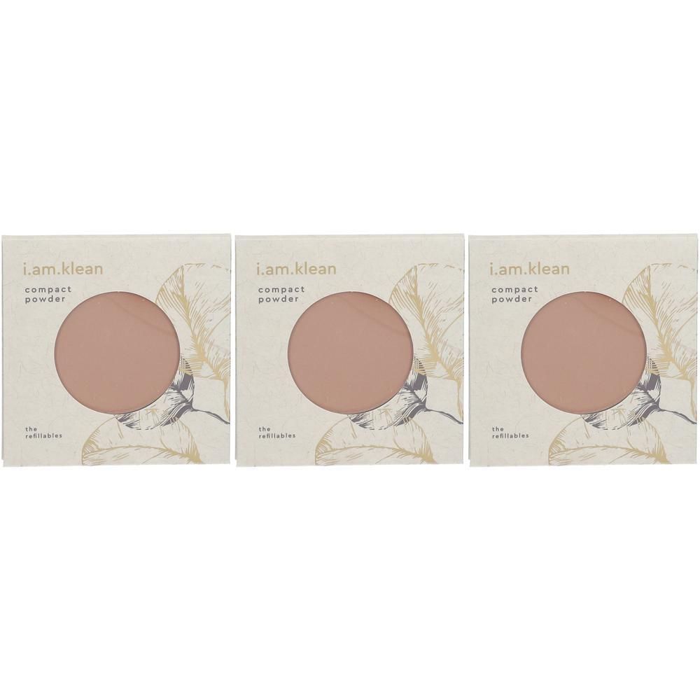 Drie compact poeders in vierkante dozen. Elk heeft een rond venster dat de inhoud toont. Opschrift: i.am.klean, compact powder.