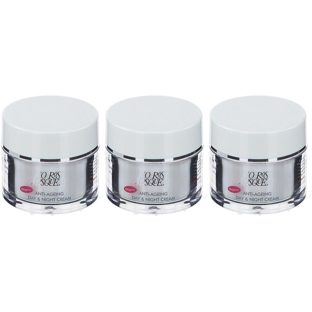 Trois pots de crème avec couvercles blancs et contenants argentés. Inscription: O ROS SQUE, Anti-Ageing Day & Night Cream.