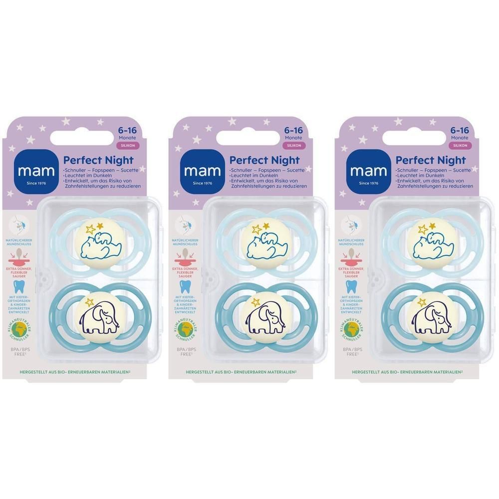 Trois tétines MAM Perfect Night en blister. Sucettes en silicone bleu et blanc pour bébés de 6 à 16 mois. Motif éléphant et étoiles.