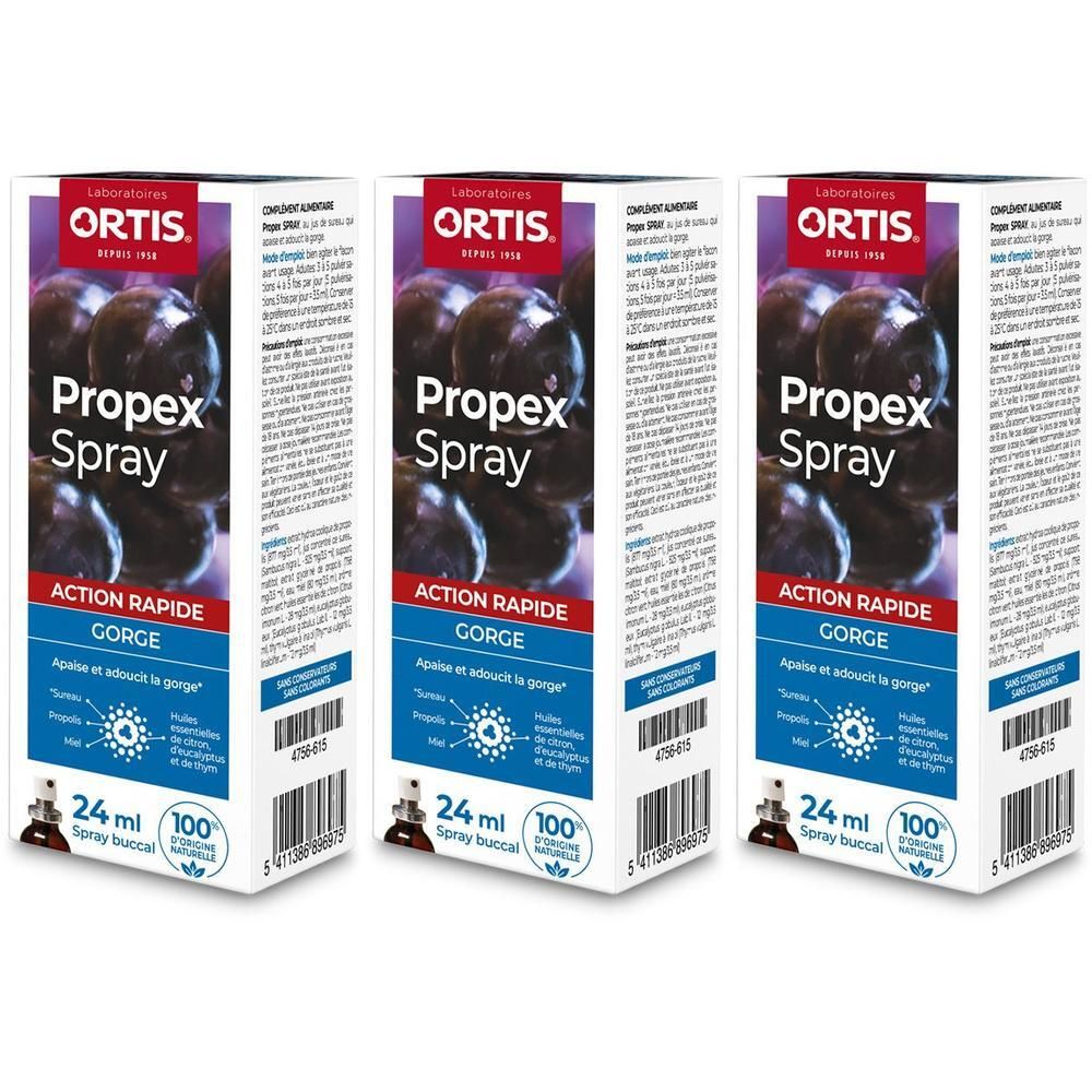 Trois boîtes de Propex Spray. Inscription: Action Rapide, GORGE, 24 ml, 100 Spray buccaux. Logo Ortis.