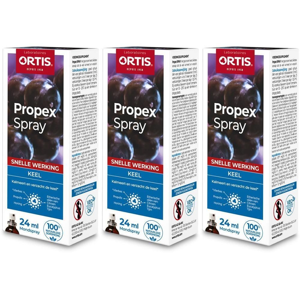 Drie dozen Propex Spray. Opschrift: Snelle werking, KEEL, 24 ml, 100 Mondspray. Logo Ortis.