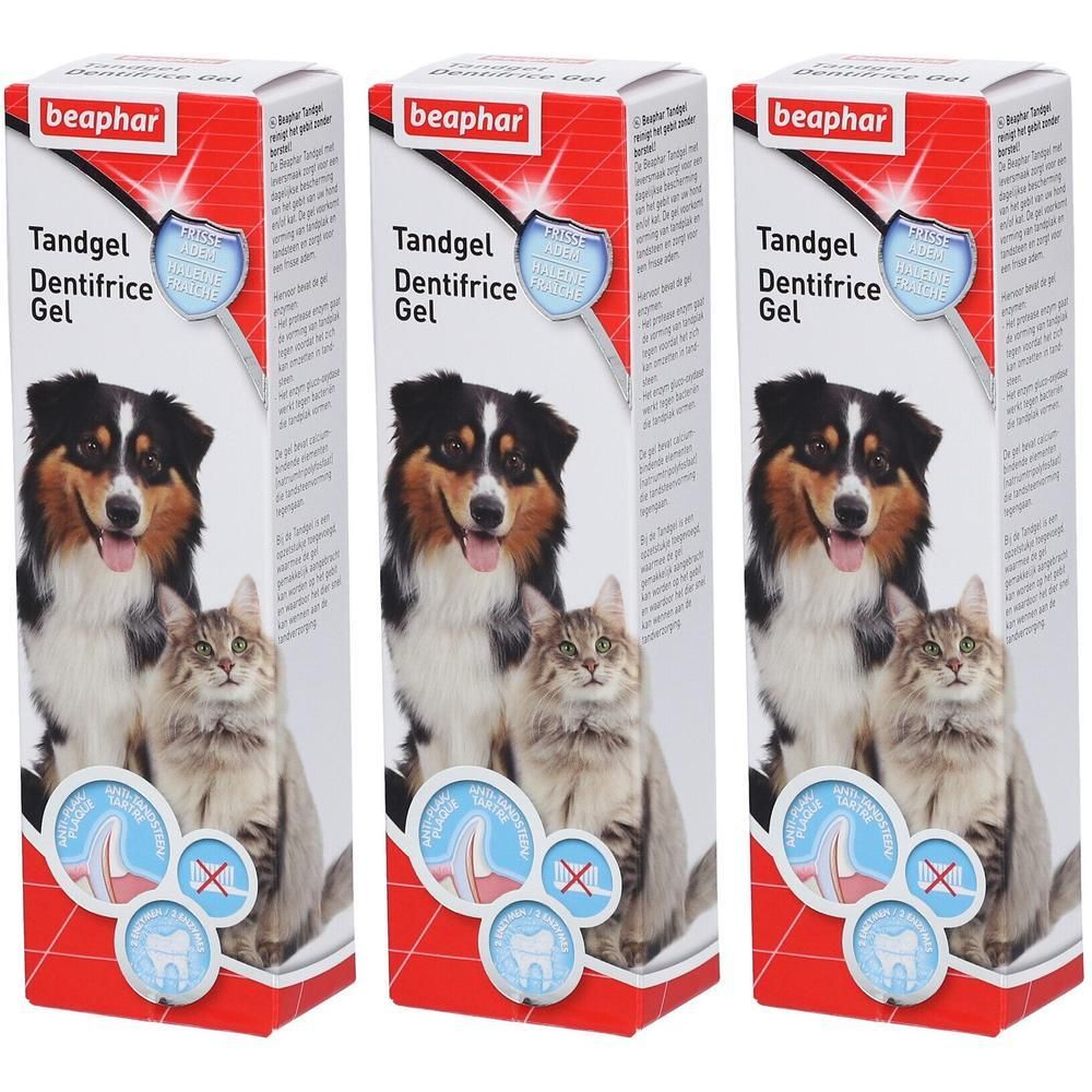Drie dozen Tandgel Dentifrice Gel. Op elke doos staan een hond en een kat afgebeeld. Merk: Beaphar.