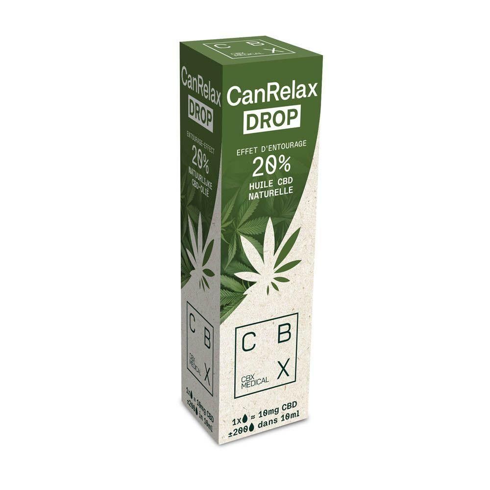 Groene doos met witte tekst: CanRelax DROP, 20% Huile CBD Naturelle. CBX Medical logo. Hennepblad ontwerp.