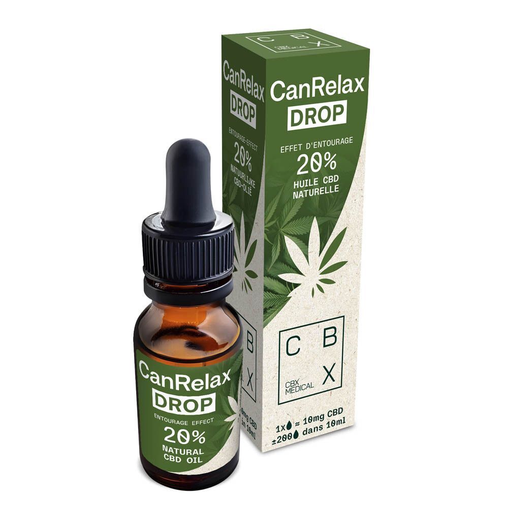 Flacon en verre brun avec compte-gouttes et boîte verte. CanRelax DROP, 20% Natural CBD Oil. Logo CBX Medical.