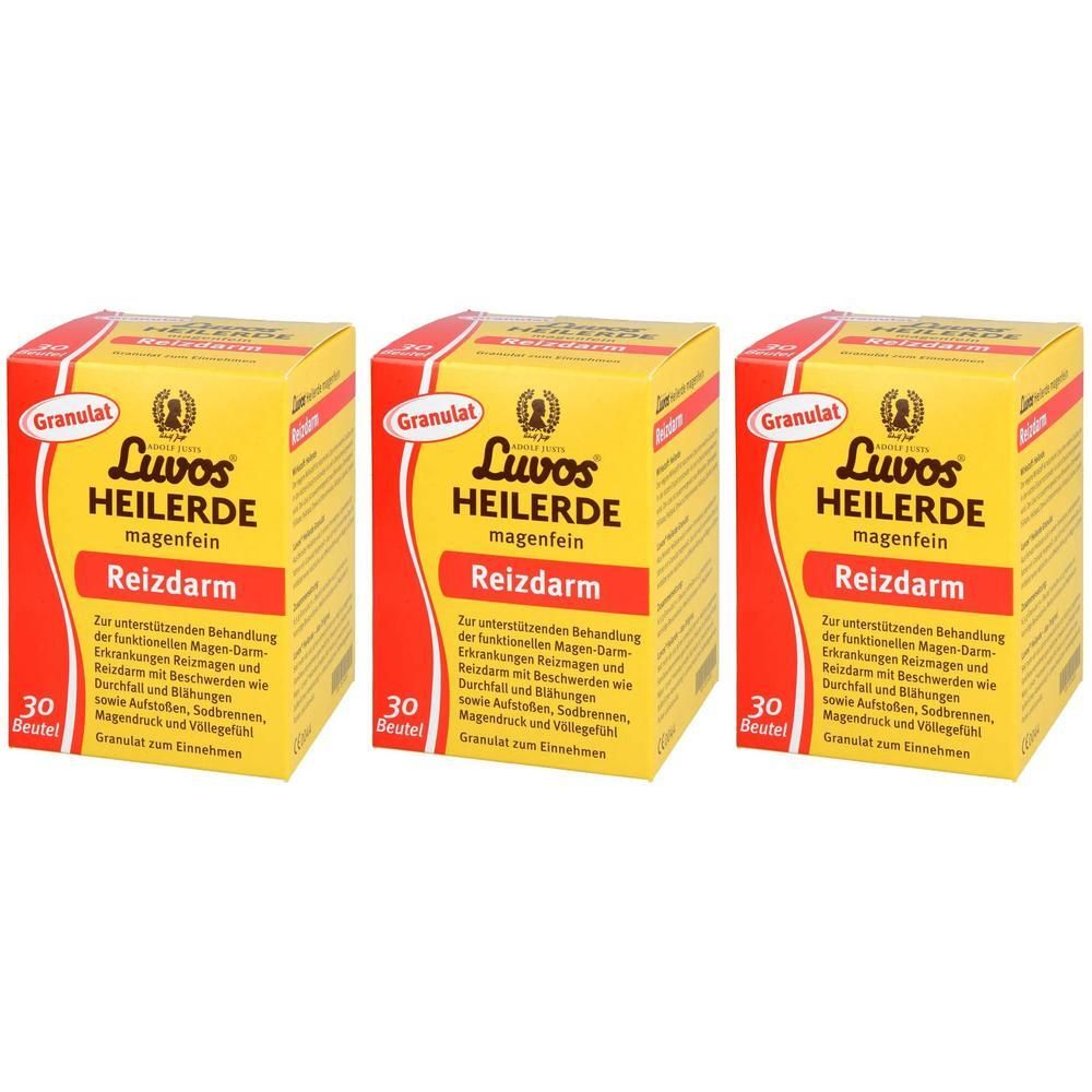 Trois boîtes jaunes avec Luvos Heilerde, Reizdarm. 30 sachets. Granulés. Logo.