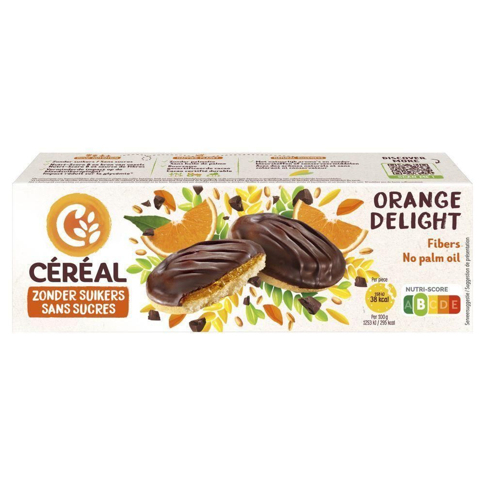Boîte de biscuits Céréal Orange Delight. Inscriptions : Zonder Suikers, Sans Sucres, Orange Delight, Fibres, sans huile de palme. Nutri-Score.