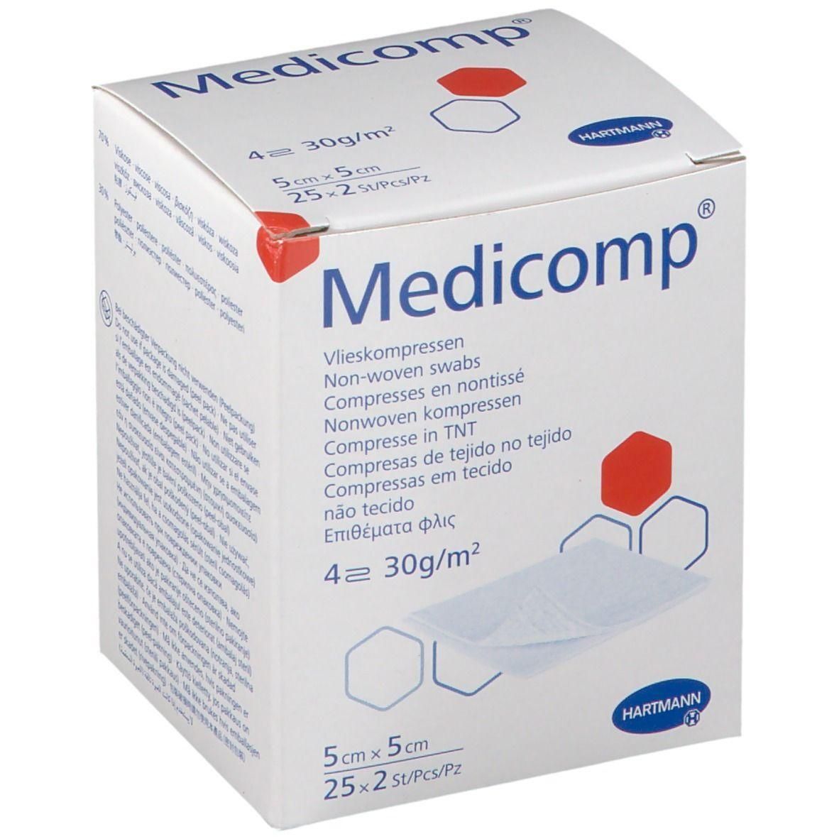 Witte doos Medicomp. Niet-geweven kompressen. Afmeting 5x5cm, 25 stuks. Merk Hartmann.