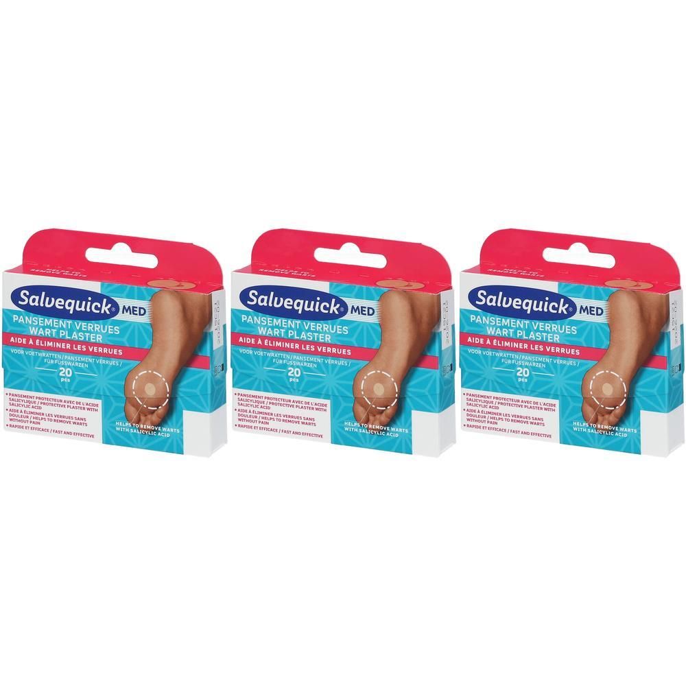 Drie verpakkingen Salvequick MED wrattenpleisters. Rode en witte verpakking met productafbeelding en tekst. Bevat 20 pleisters.