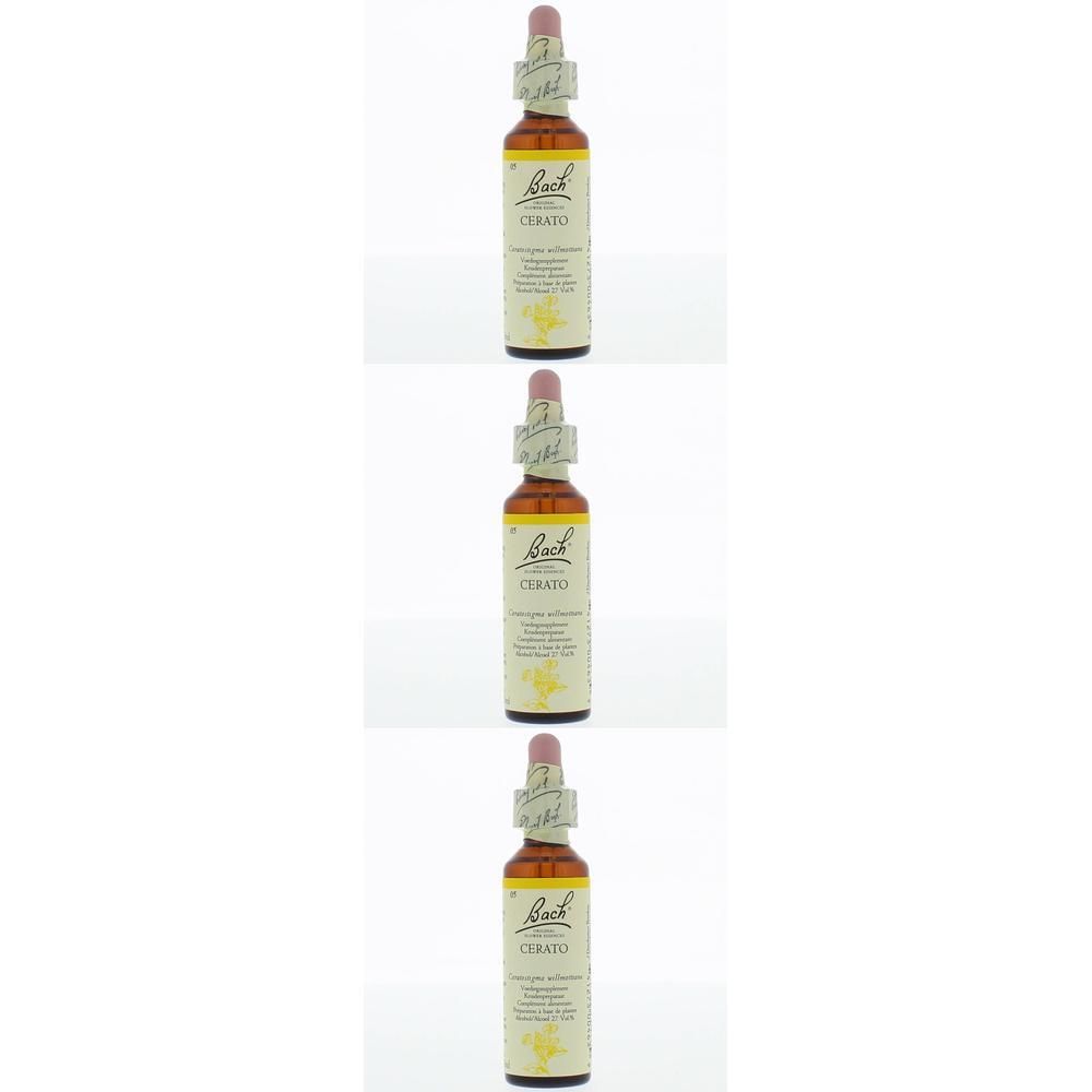 Trois flacons de liquide brun avec pipette rose et étiquette. Inscription : Bach Cerato.