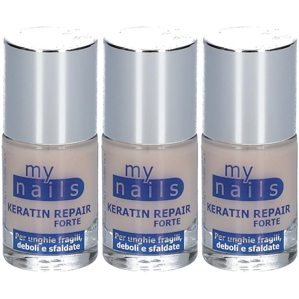 Drie nagellakflesjes. Opschrift: my nails, Keratin Repair Forte. Tekst: Per unghie fragili, deboli e sfaldate.
