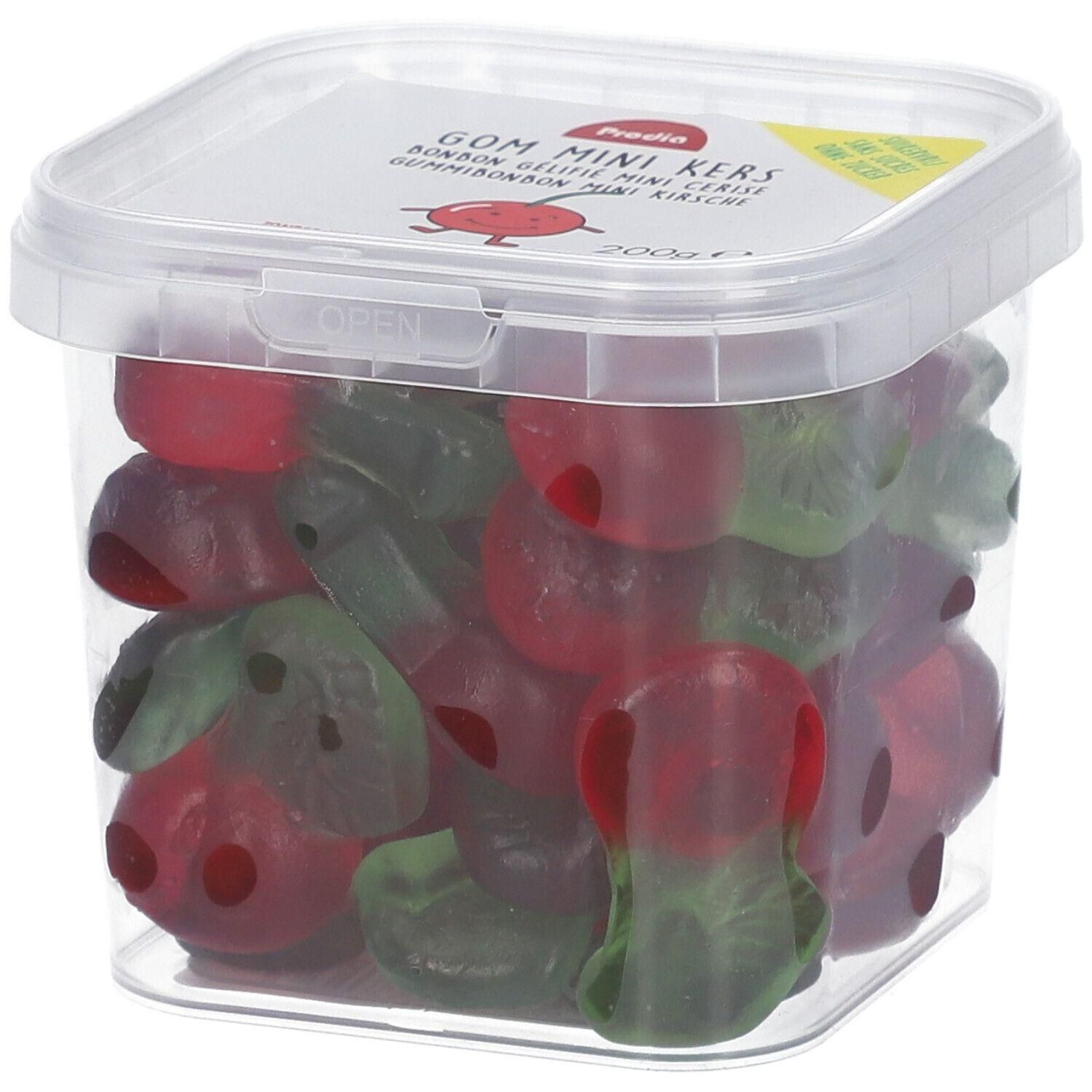 Gommetjes in transparante bak. Kersen-vormige, rood-groene gelei. Deksel met productnaam en logo.