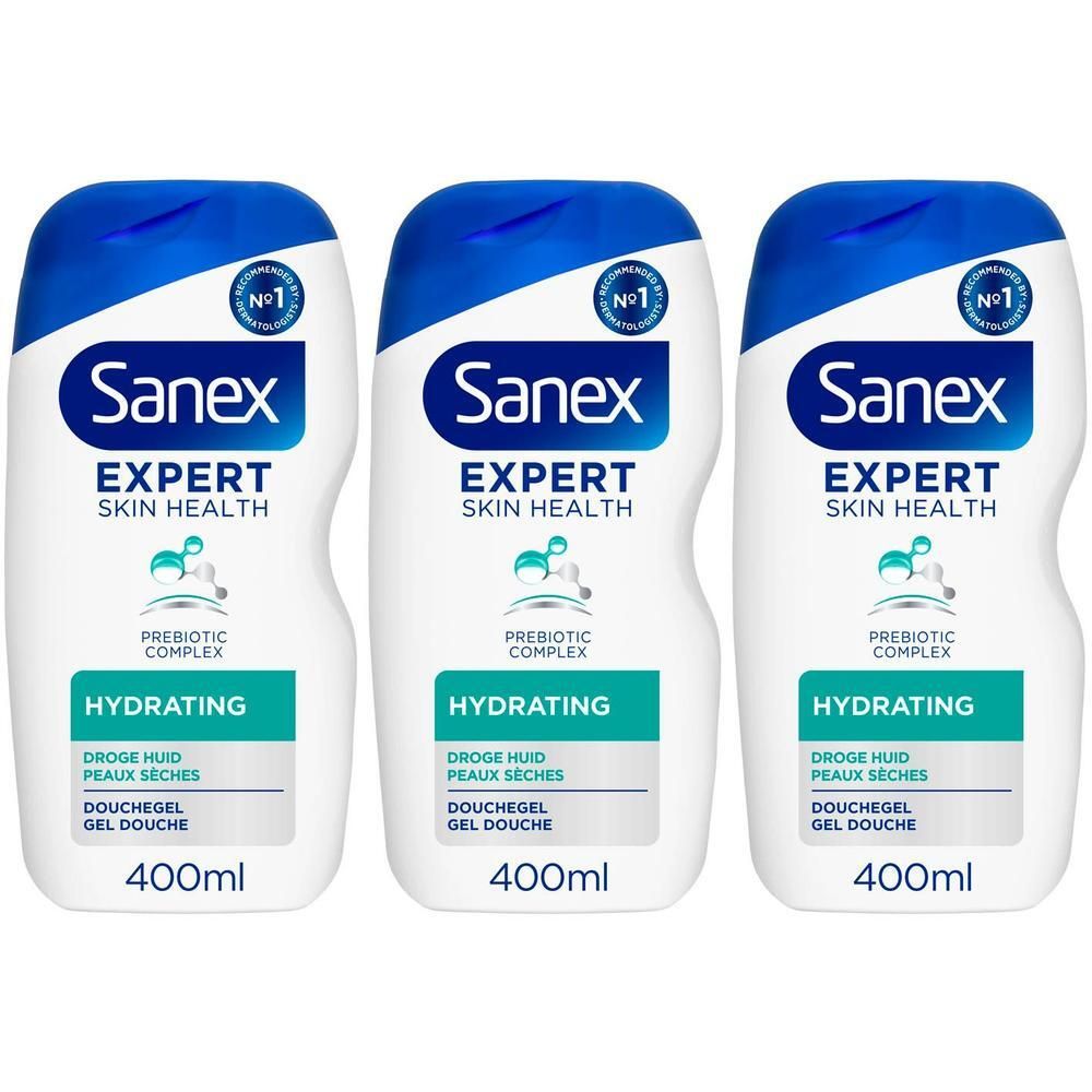 Drie flessen Sanex Expert Skin Health douchegel. Wit, blauw en groen. Opschrift: Hydratant, 400ml.
