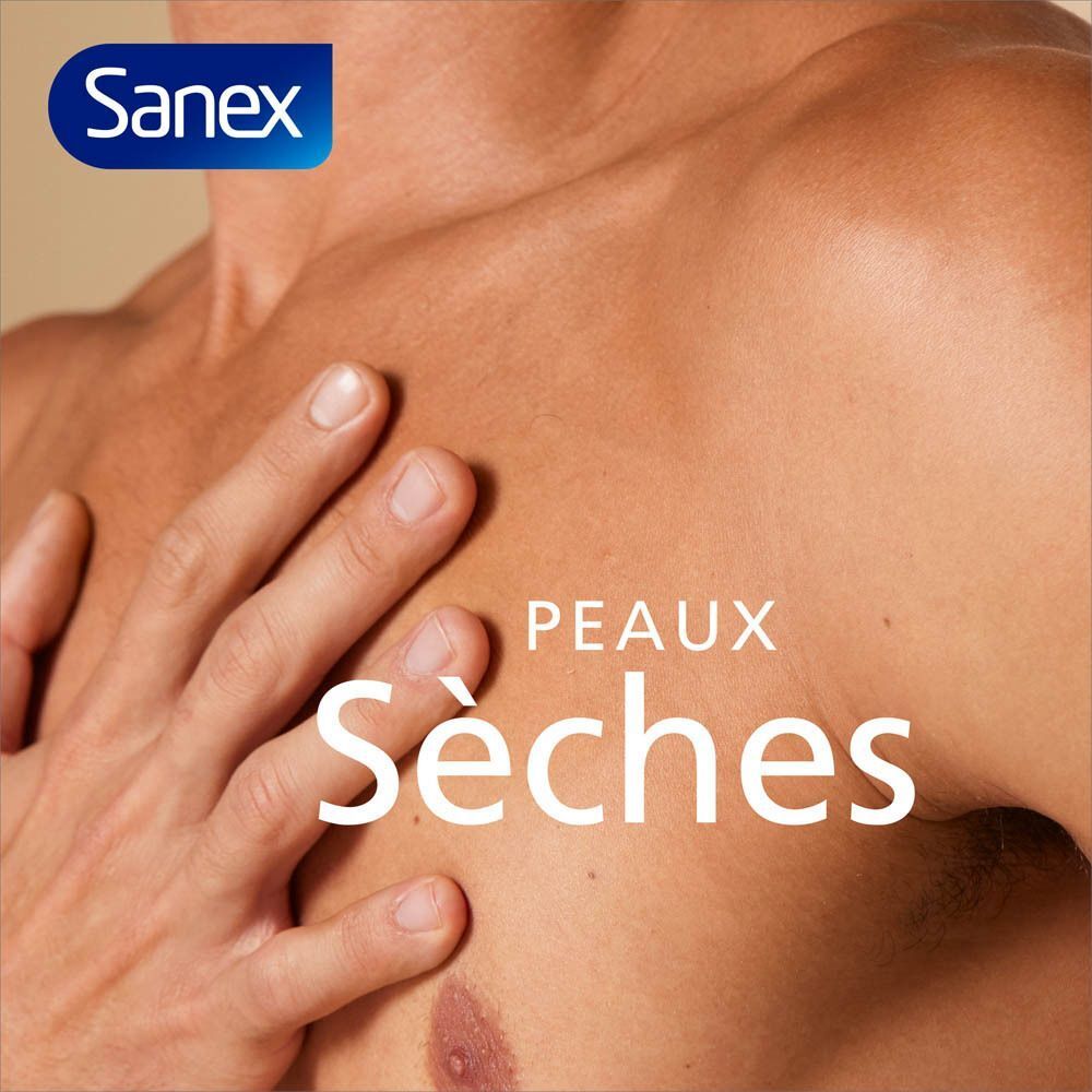 Logo Sanex. Homme avec poitrine. Texte : Peaux sèches.