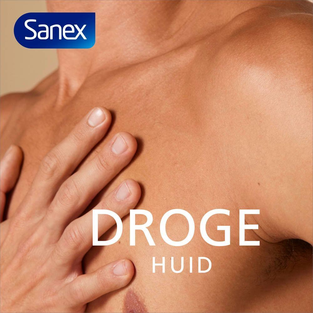 Sanex-logo. Man met borst. Tekst: Droge huid.