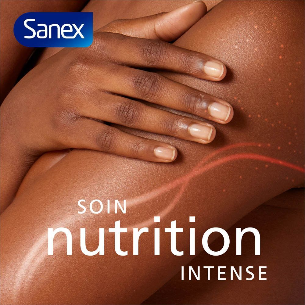 Logo Sanex. Bras d'une femme. Texte : Soin nutrition intense.