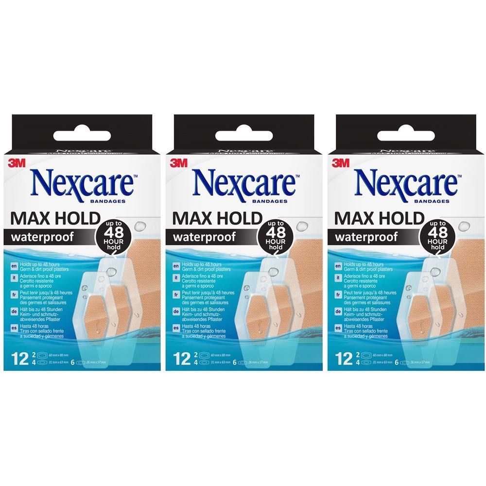 Drie verpakkingen Nexcare Max Hold pleisters. Waterdicht, tot 48 uur houdbaar. 12 pleisters per verpakking.