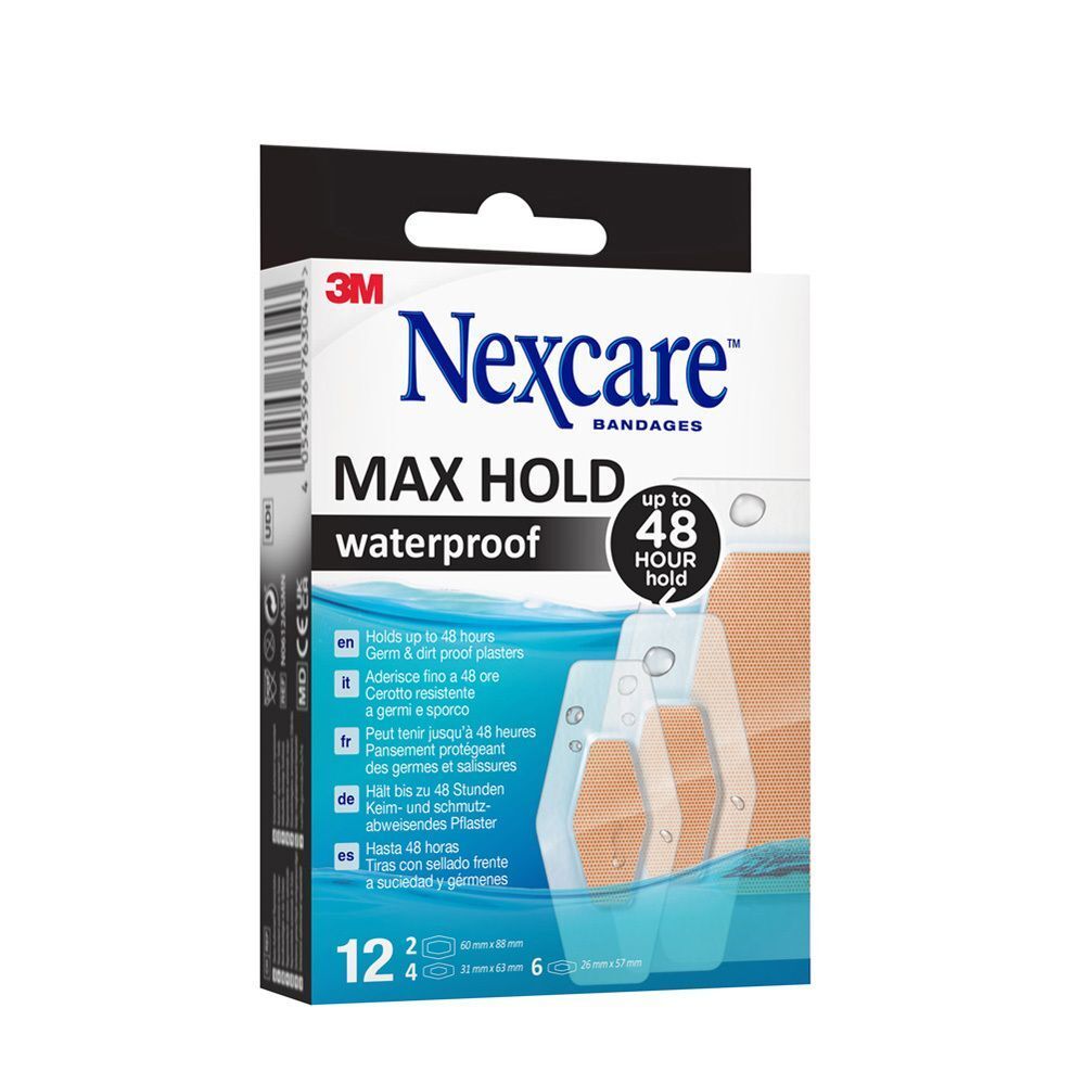 Verpakking Nexcare Max Hold pleisters. Waterdicht, tot 48 uur houdbaar. 12 pleisters. Maten: 2x, 4x, 6x.