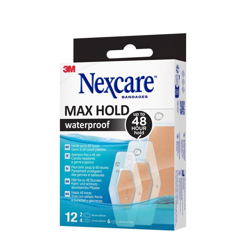 Verpakking Nexcare Max Hold pleisters. Waterdicht, tot 48 uur houdbaar. 12 pleisters. Maten: 2x, 4x, 6x.