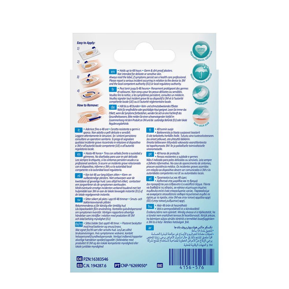 Dos de la boîte de pansements Nexcare Max Hold. Instructions et informations en plusieurs langues.
