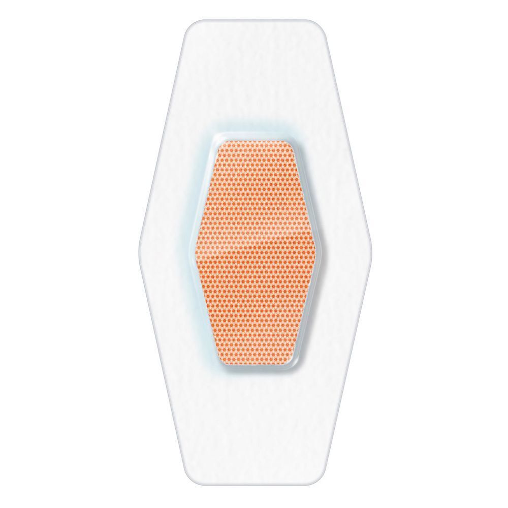 Enkele Nexcare Max Hold pleister. Beige, zeshoekige vorm met centraal wondkussen.