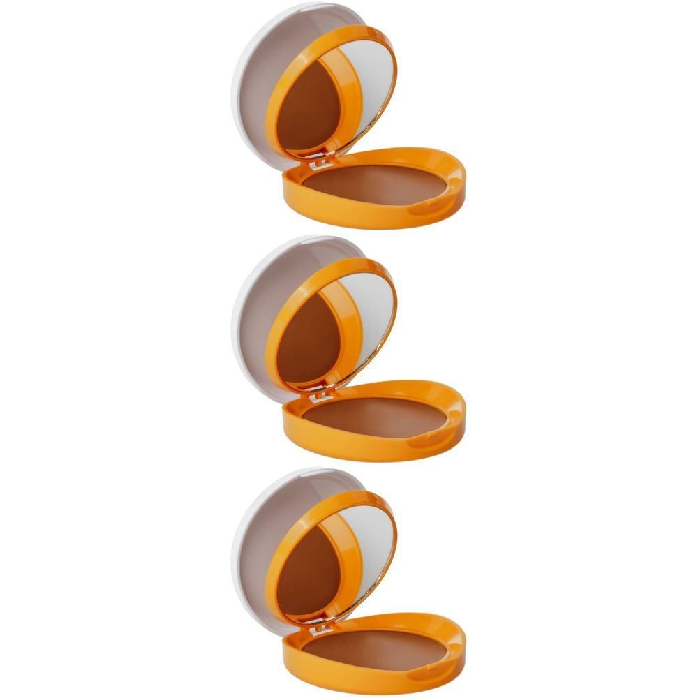 Drie open compacts met spiegel. Oranje basis, bruin poeder, witte deksel. Spiegel en deksel open.