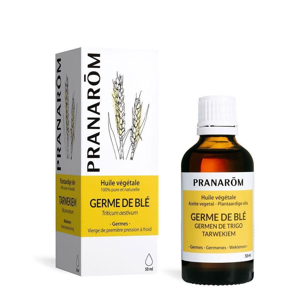 Flacon et boîte Pranarôm Huile végétale Germe de blé. Inscription : Germe de blé. 50 ml.