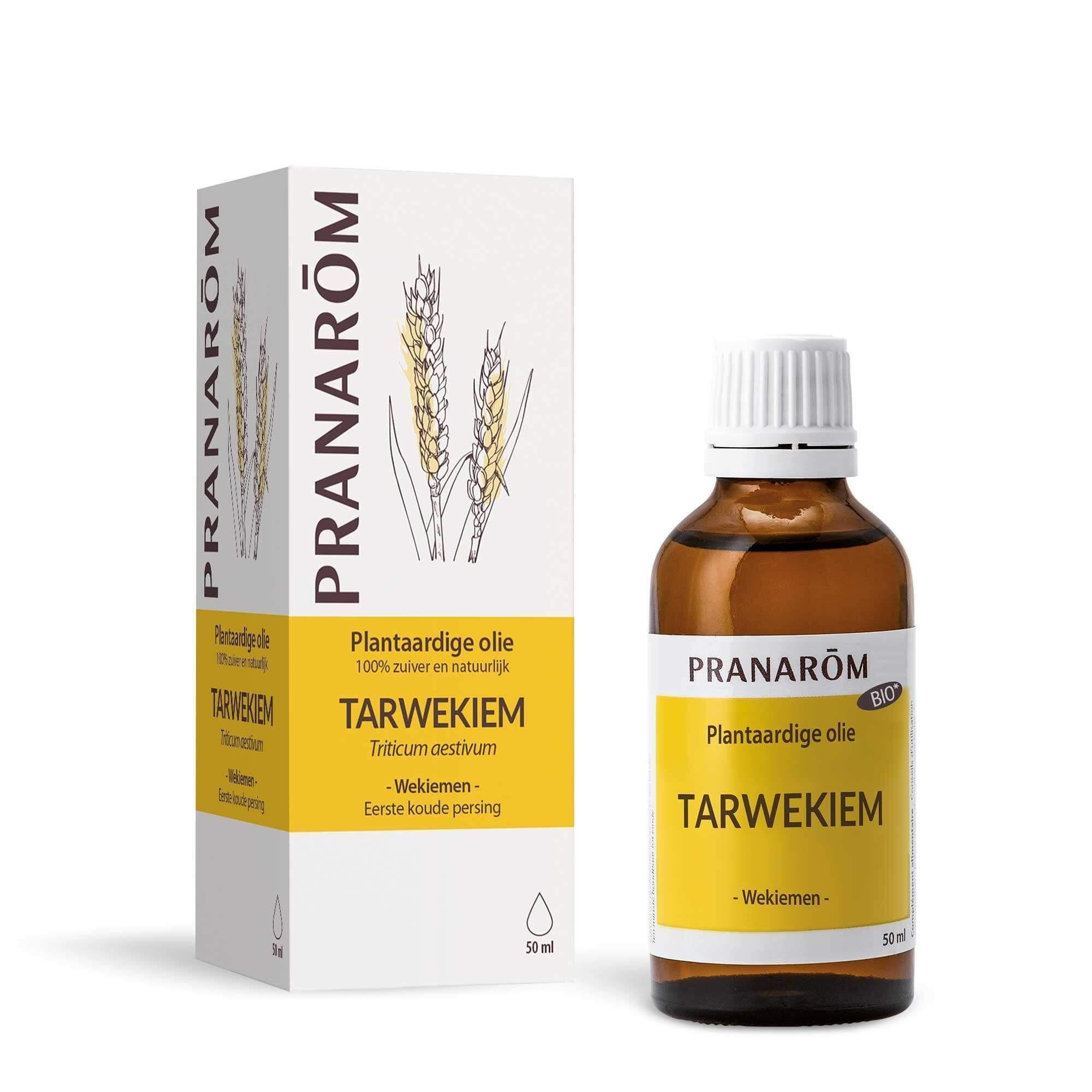 Fles en doos Pranarôm Tarwekiemolie. Opschrift: Tarwekiem. 50 ml.