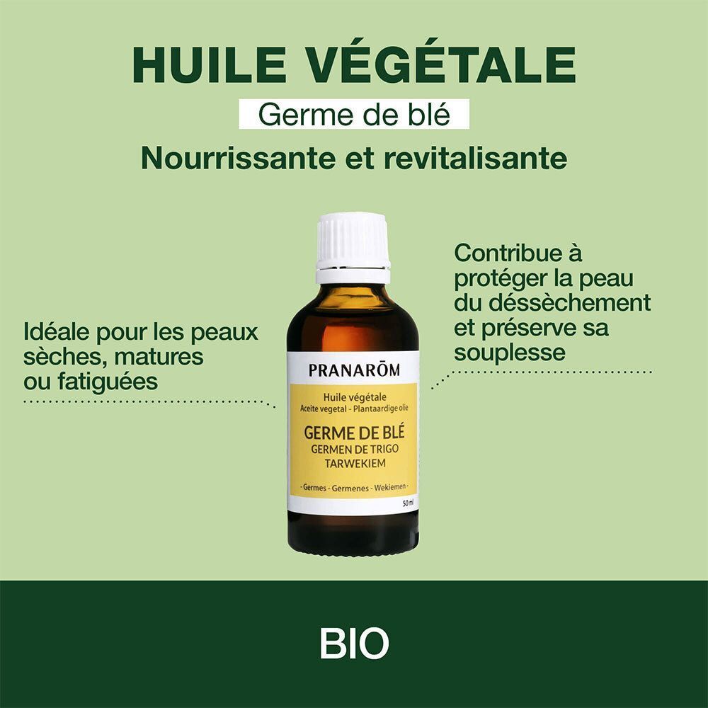 Flacon Pranarôm Huile végétale Germe de blé. Texte : Huile végétale Germe de blé. Certification Bio. Pour peaux sèches, matures ou fatiguées.