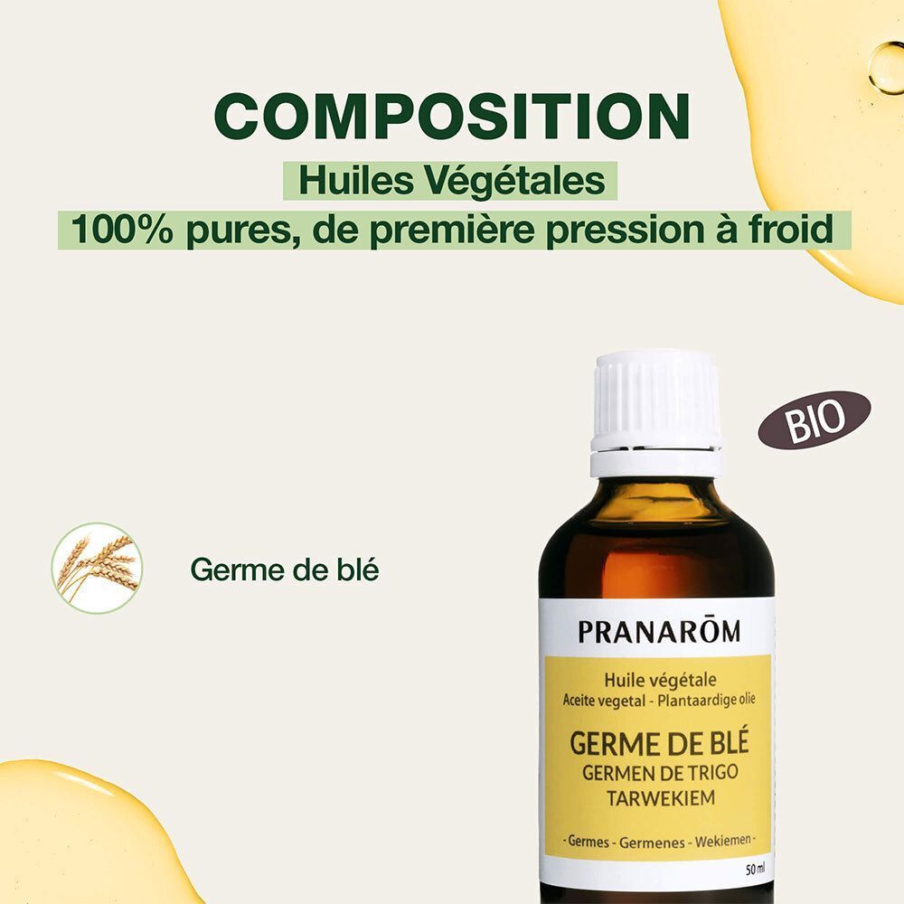 Flacon Pranarôm Huile végétale Germe de blé. Texte : Huiles Végétales. 100% pures, première pression à froid. Certification Bio.