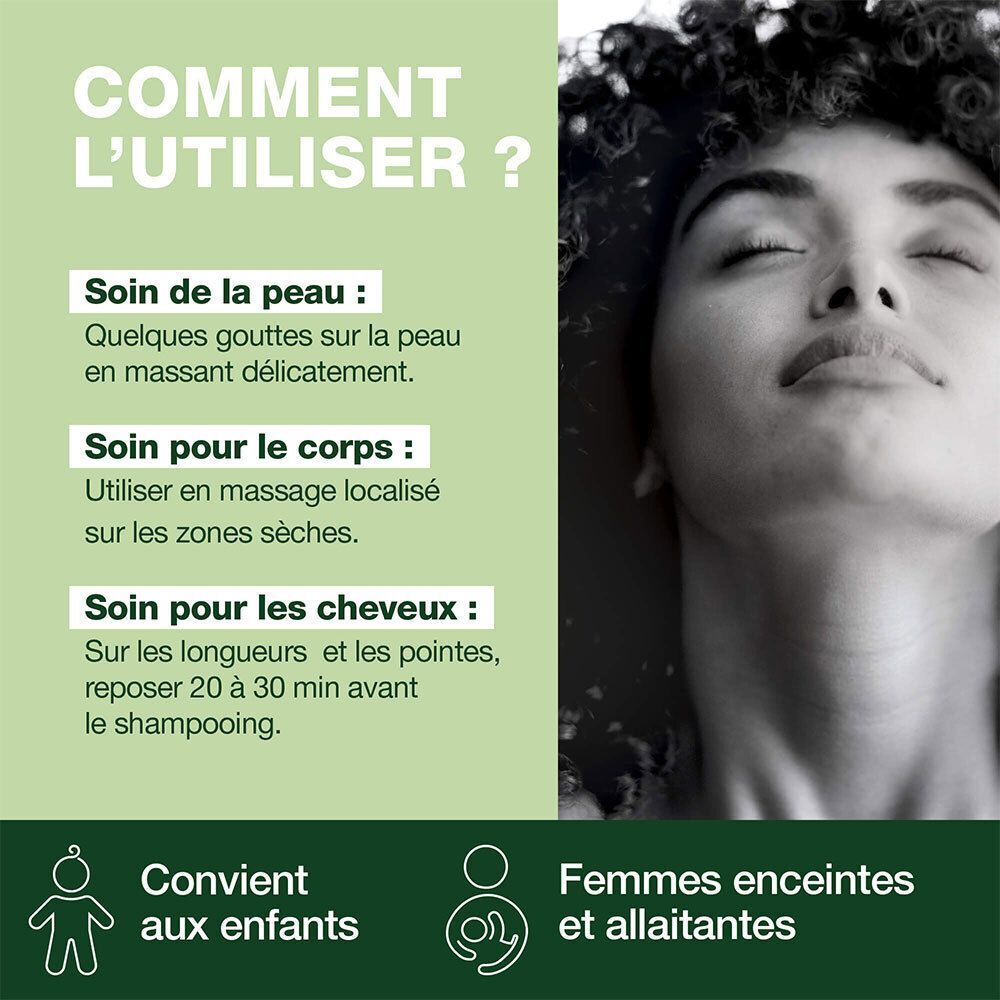 Texte : Comment l'utiliser ? Soin de la peau, du corps, des cheveux. Convient aux enfants et femmes enceintes/allaitantes.