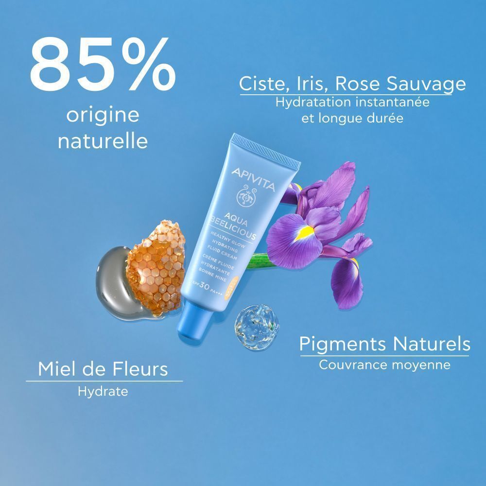 Tube bleu avec ingrédients. Inscription: Aqua Beelicious. Texte: 85% d'origine naturelle. Ingrédients: Miel, Iris, Rose.