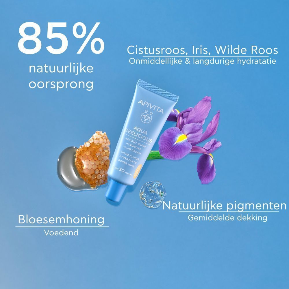 Blauwe tube met ingrediënten. Opschrift: Aqua Beelicious. Tekst: 85% natuurlijke oorsprong. Ingrediënten: Honing, Iris, Roos.