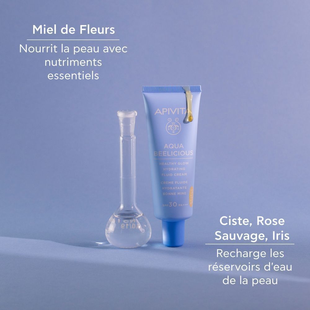 Tube bleu à côté d'une fiole. Inscription: Aqua Beelicious. Texte: Miel, Ciste, Rose, Iris. Nourrit la peau.