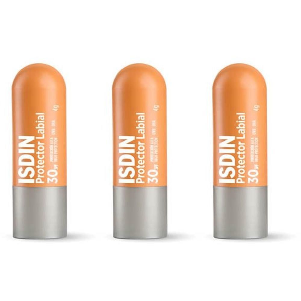 Trois sticks à lèvres. Tête orange, corps argenté. Inscription: ISDIN Protector Labial 30.