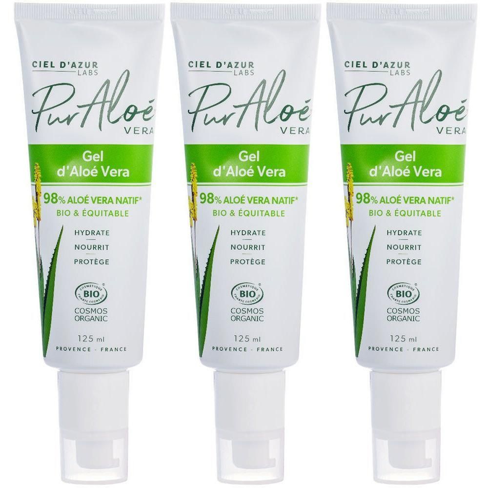 Trois tubes de gel d'Aloe Vera. Tubes blancs avec texte vert. Inscription : PurAloe Vera, 98% Aloe Vera Natif, Bio & Equitable, Cosmos Organic.