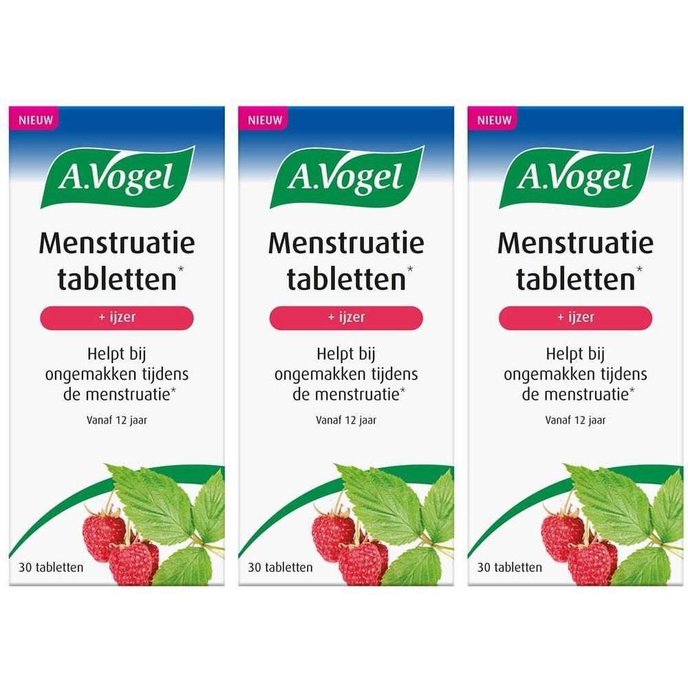 Drie dozen A.Vogel Menstruatie tabletten. Groen-wit ontwerp met frambozen en bladeren. Tekst: "Helpt bij ongemakken tijdens de menstruatie".