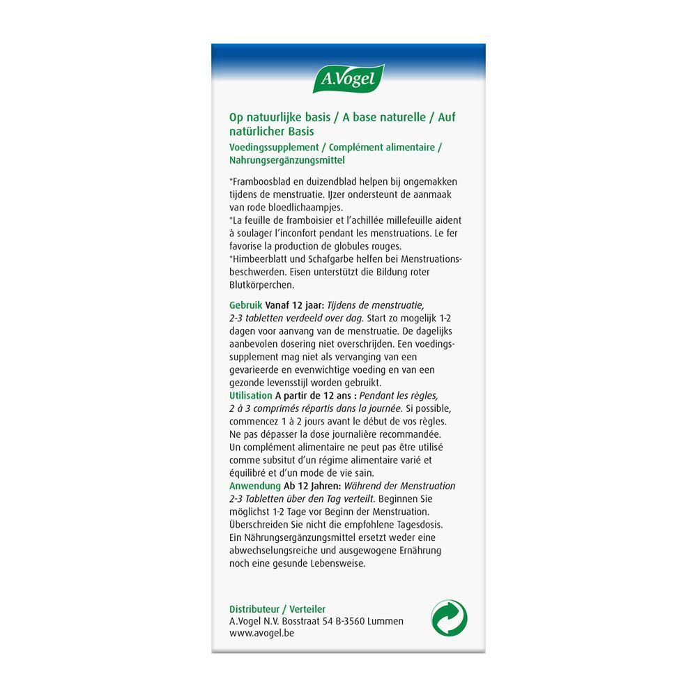 Achterkant van de A.Vogel Menstruation comprimés doos. Meertalige tekst. Bevat informatie over ingrediënten en gebruik.