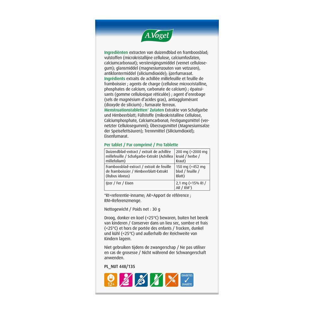 Achterkant van de A.Vogel Menstruation comprimés doos. Bevat informatie over ingrediënten en voedingswaarden.