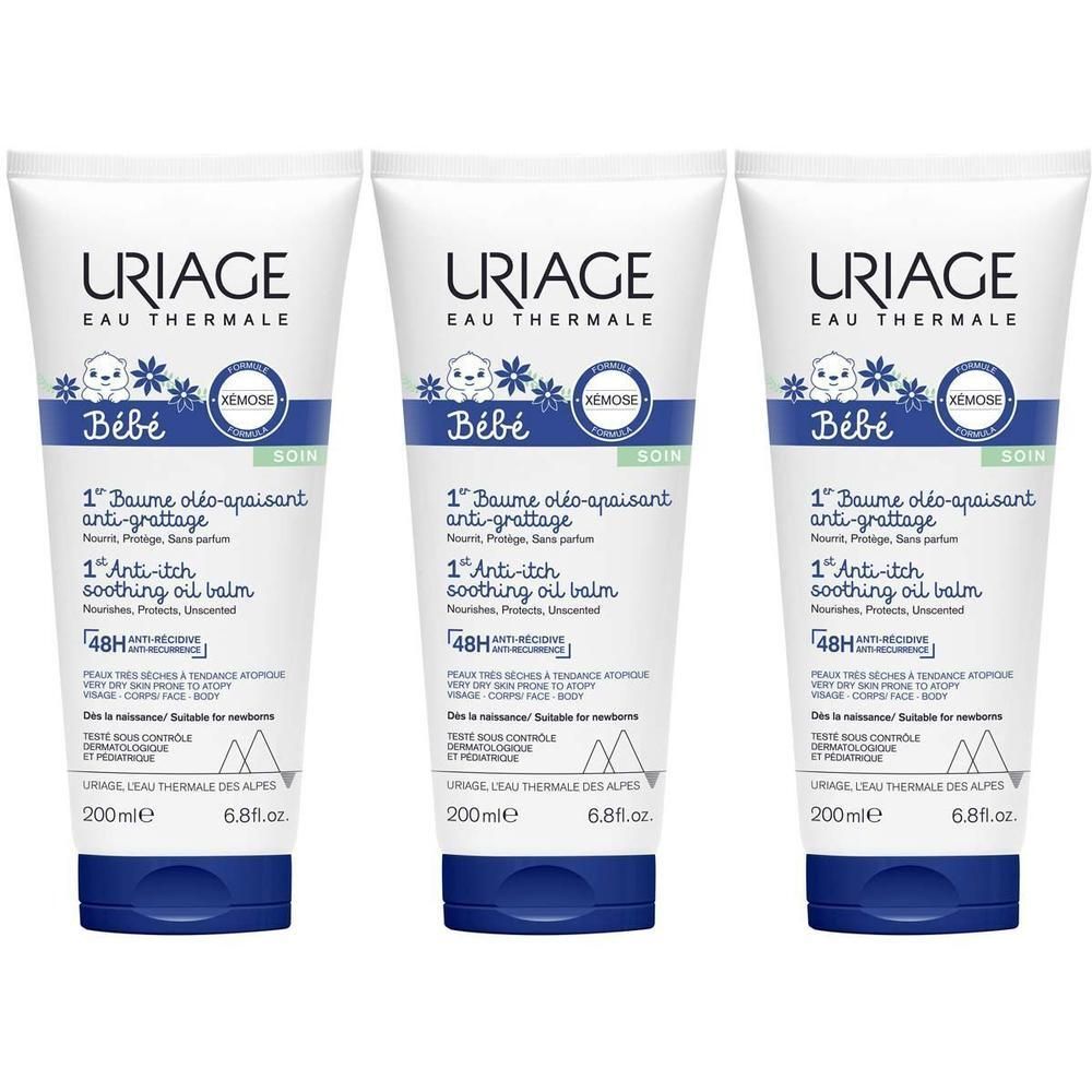 Drie tubes Uriage Xémose Bébé 1er Baume Oléo-Apaisant Anti-Grattage. Wit, blauw, met productinfo.