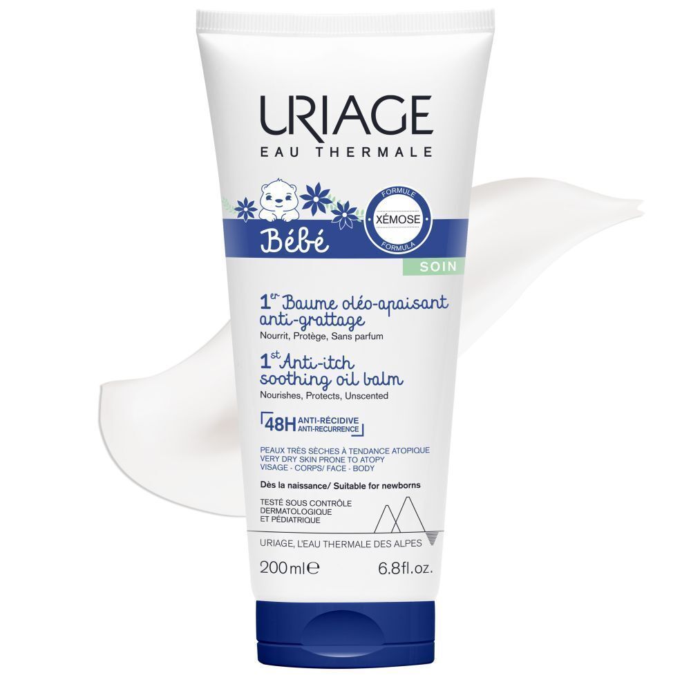 Tube Uriage Xémose Bébé 1er Baume Oléo-Apaisant Anti-Grattage. Blanc, bleu. Produit et texture crème.
