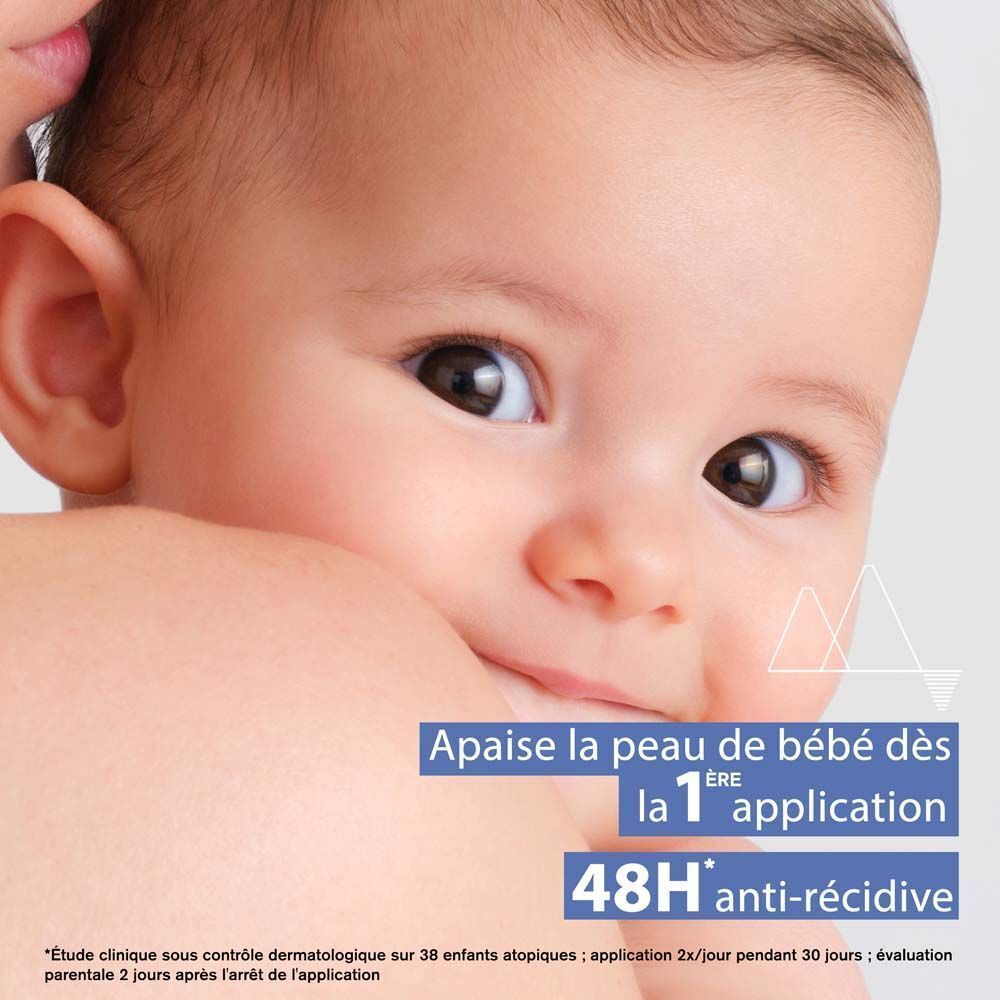 Visage de bébé. Texte: Apaise la peau dès la 1ère application. 48H anti-récidive.