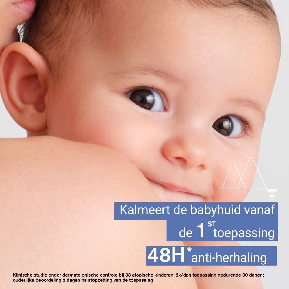 Babygezicht. Tekst: Kalmeert de babyhuid vanaf de 1e toepassing. 48H anti-herhaling.