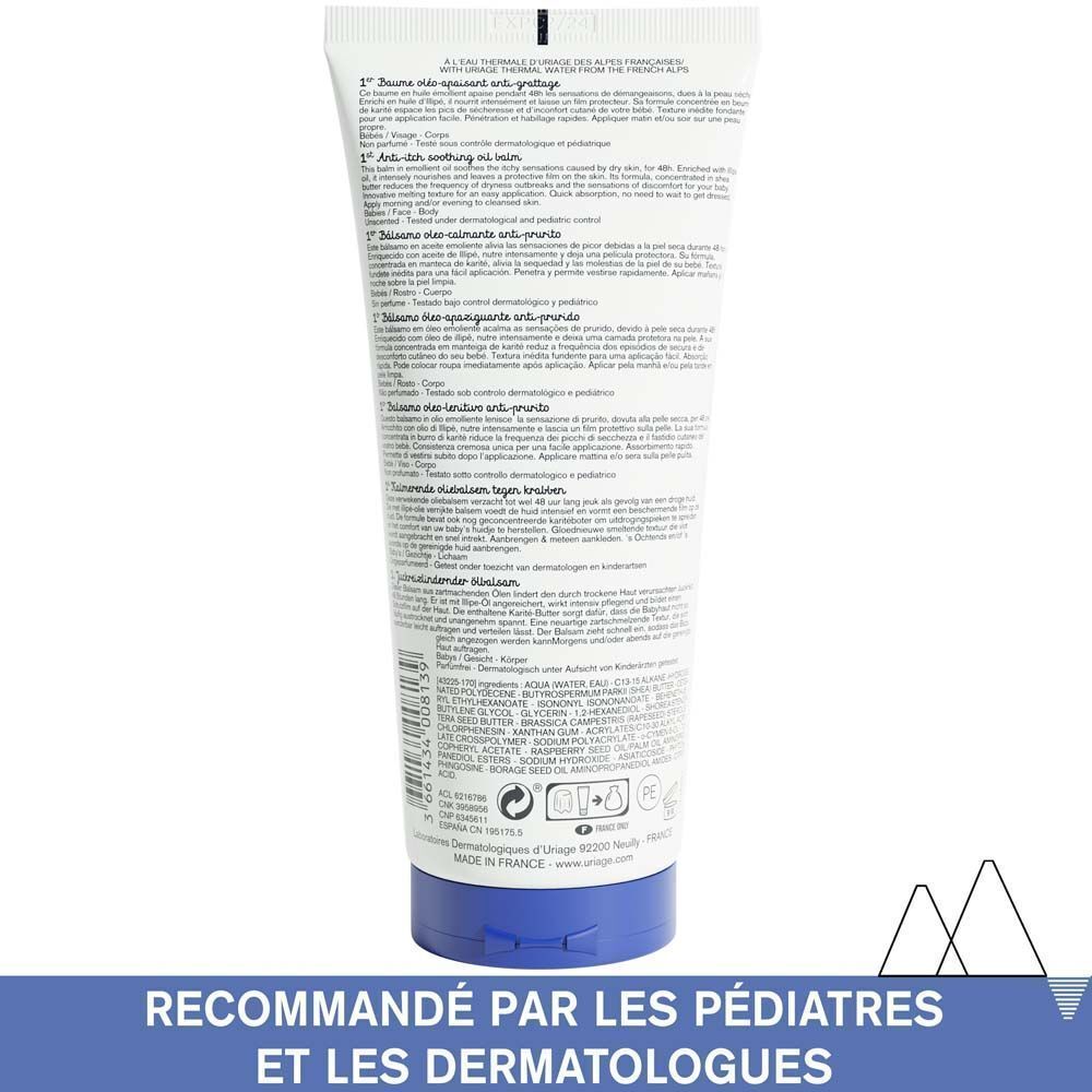 Dos du tube Uriage Xémose Bébé. Informations produit, texte, base bleue.