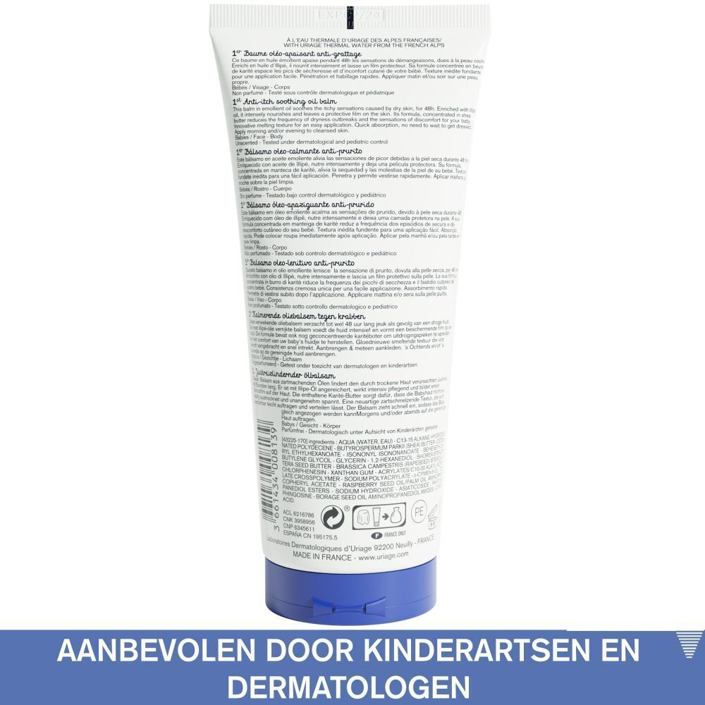 Achterkant van de tube Uriage Xémose Bébé. Productinformatie, tekst, blauwe basis.
